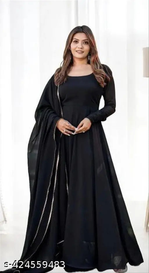 Black georgette maxi anarkali wedding gown with long sleeves, solid pattern, and dupatta for women's party wear or engagement events, originating from India