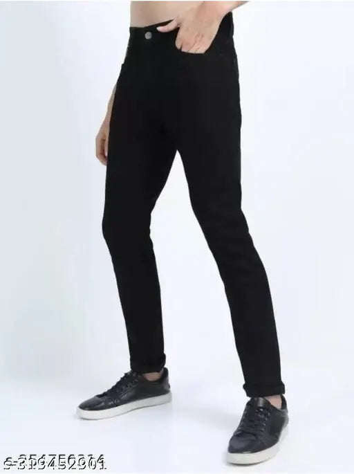Trendy black denim jeans for boys, solid pattern, five pockets, India-manufactured