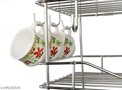 Stainless steel dish rack with hanging cups