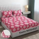 Pink glace cotton blend elastic fitted floral print king-size double bedsheet with 2 pillow covers, ideal for 4-8 inch mattresses