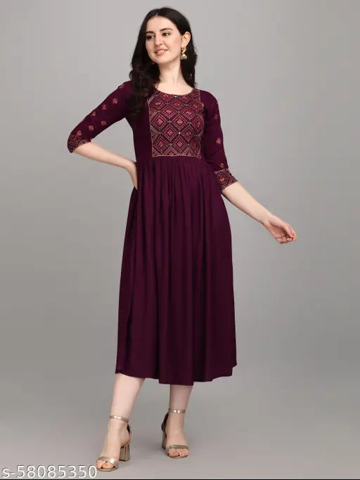 Rayon embroidered laxmi wine kurtis, three-quarter sleeve Indian women's fashion - S (36in bust), M (38in bust), L (40in bust), XL (42in bust), XXL (44in bust)