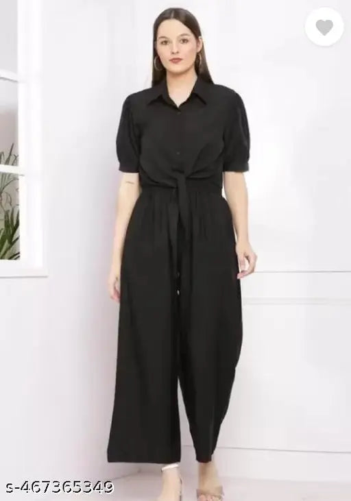 Crepe, short-sleeved, solid-pattern Urbane jumpsuit | Breathable, fine quality, Indian-made fashion for girls & women