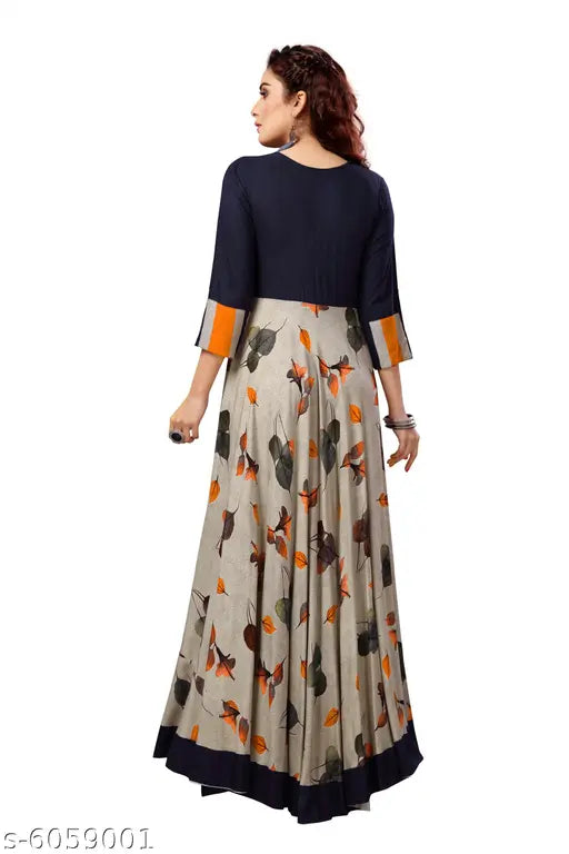 Black and orange patterned rayon designer womens anarkali kurta