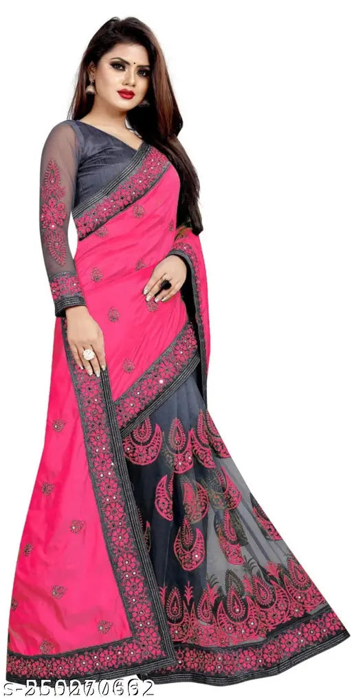 Vichitra silk saree with Kuchi embroidery, free size, 5.5m length, satin blouse