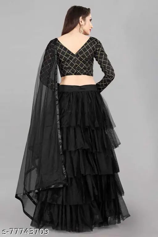 Satin lehenga set with net dupatta, free size, Indian traditional topwear and bottomwear
