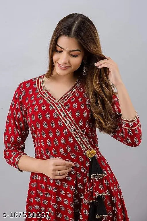 Red rayon Anarkali kurti with raindrop print, three-quarter sleeves for women's fashion