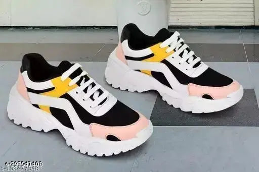 White mesh and rubber colorblocked sneakers for women's casual, sports, running, playing, exercise, party, or sports activities. Lace-up style with net detail. Size: 8 - 10.5 inches (India origin)