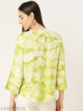 Green off-white rayon top, dyed/washed net pattern, three-quarter sleeves, round neckline, India origin