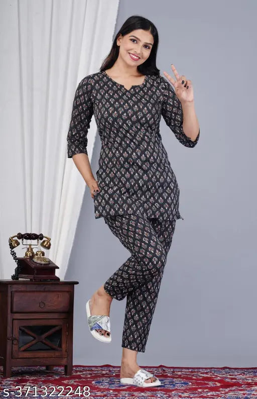 Black Rayon Nightsuit for Women, printed design, comfortable sleepwear for a cozy night in