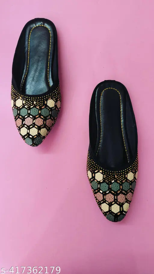 Black synthetic Jaipuri Rajasthani mule slippers for women - casual and fancy, woven design, open back