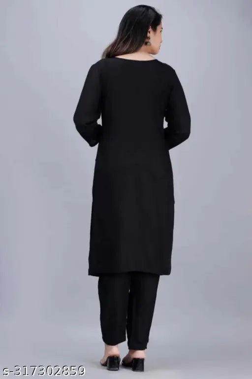Black rayon kurta pent with matching pants, solid black attire for women's traditional wear