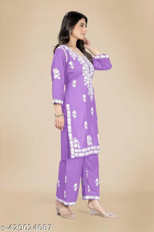 Embroidered Rayon kurta palazzo set, three-quarter sleeves, Gopinath Textile Exclusive, size L for Indian women
