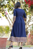 Navy Blue Rayon Three-Quarter Sleeve Anarkali Kurti with border print, India origin