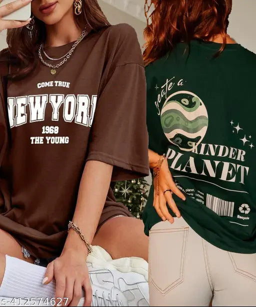 The image features two oversized trendy women's tshirts, one with a New York design and the other reading 'Planet