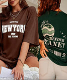 The image features two oversized trendy women's tshirts, one with a New York design and the other reading 'Planet