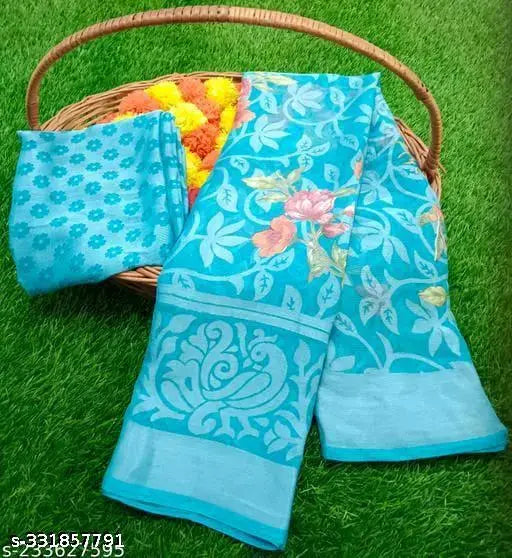 Fancy chiffon saree with printed net blouse, single free size, Indian origin