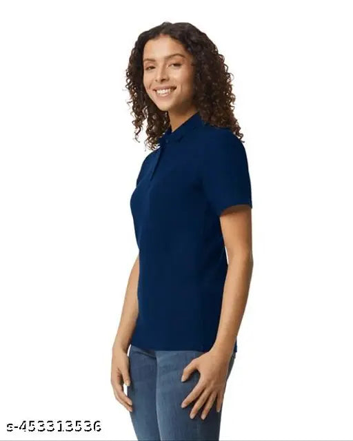Navy cotton women's polo shirt, short sleeves, solid design, Gildan Softstyle on hanger