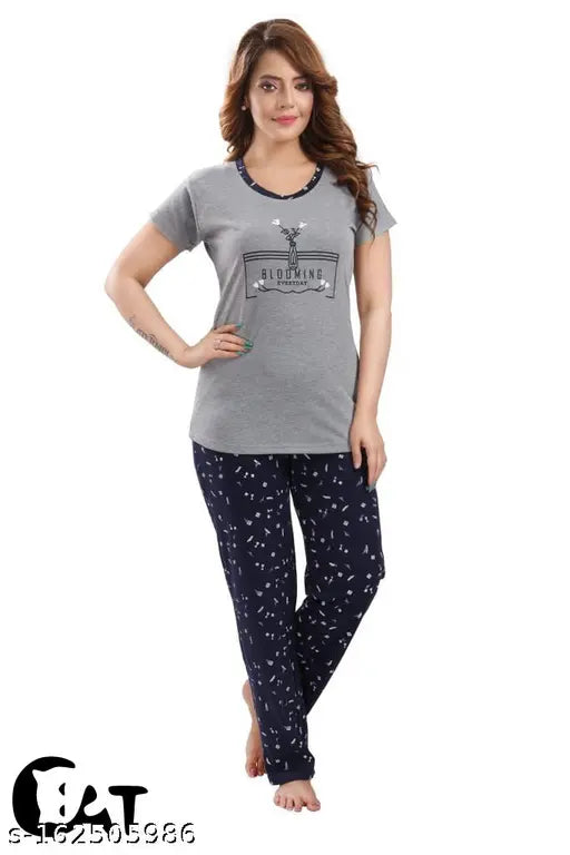 Grey cotton printed half sleeve T-shirt and pyjama pants night suit for women, featuring a relaxed fit and elastic drawstring waist