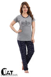 Grey cotton printed half sleeve T-shirt and pyjama pants night suit for women, featuring a relaxed fit and elastic drawstring waist