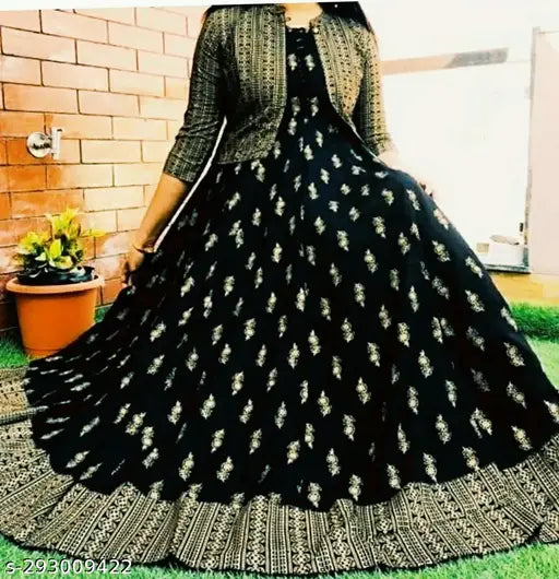Black rayon anarkali set: printed kurta & jacket with three-quarter sleeves, Indian fashion on mannequin