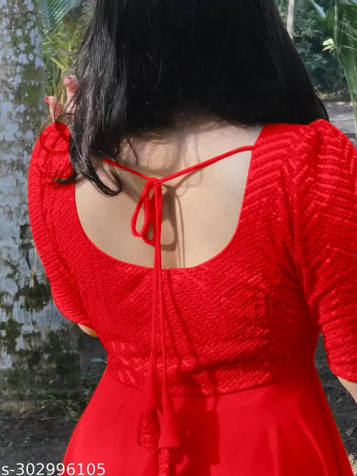 Red georgette embroidered net VIDHI gown with dupatta, Indian designer dress for women in sizes S-XXXL
