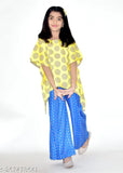 Nylon printed kaftan top & palazzo bottom set for girls, Indian ethnic wear with short sleeves