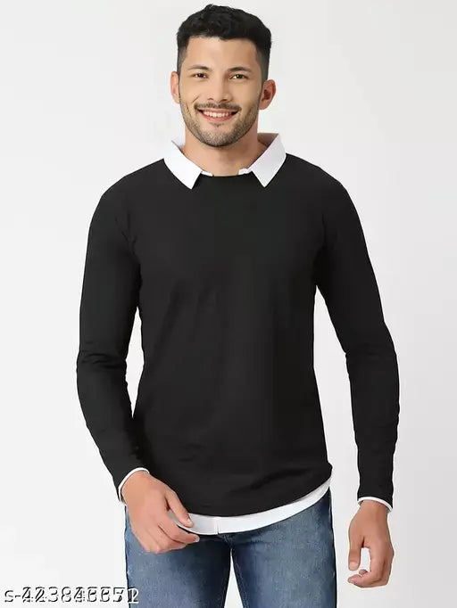 Cotton blend long-sleeved Colour Atteched T-shirt in fancy design, solid color