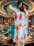 Premium quality dupatta-style lace gown with yellow and red flowers. Georgette fabric, long sleeves. Women's party wear in sizes S-XXXXL, made in India
