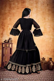 Black chiffon maxi gown with gold embroidery, flared sleeves, and layered skirt.