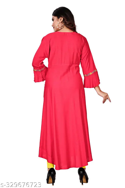 Embroidered Rayon ghera long, three-quarter sleeves, XL (Bust Size: 42in, Size Length: 50in), traditional Indian kurta on display
