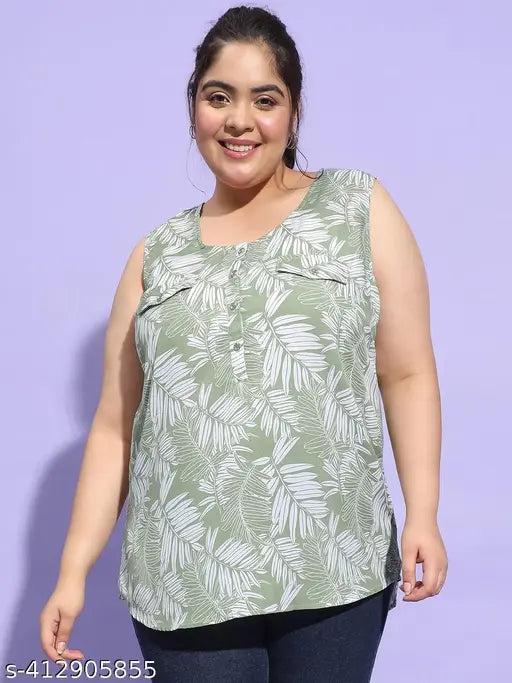 Plus size tropical print green & white top, sleeveless polyester, vibrant design for summer wardrobe