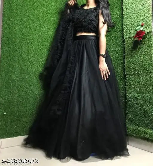 Black velvet-choli and net dupatta Phrill work topwear, India-made semi-stitched lehenga