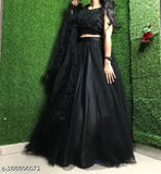 Black velvet-choli and net dupatta Phrill work topwear, India-made semi-stitched lehenga
