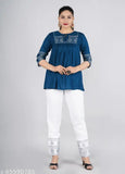 Rayon-top, cotton-blend bottom ethnic wear set for women, three-quarter sleeve, India origin, high-quality embroidery