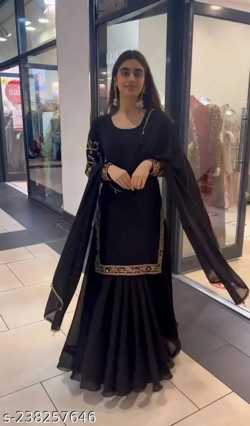 Black designer sharara with heavy embroidery, choli and dupatta
