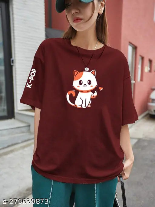 Women's oversized Korean KPop Cat T-shirt maroon