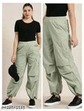 Green khaki cargo pants, zippered pockets, elastic waistband
