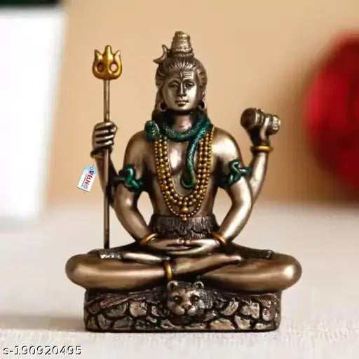Bronze synthetic resin Lord Shiva statue with trishool and damru, home temple decoration item, 5.5cm x 8cm x 3cm, handcrafted in Rajasthan, India
