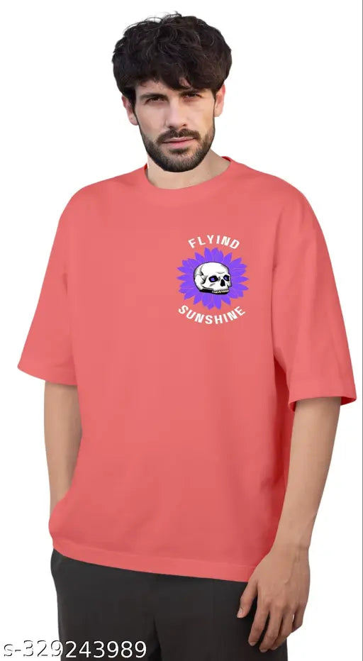 DUE EEX men's round pink polycotton t-shirt, drop shoulder design with printed typography. S (38in/27in), M (40in/28in), L (42in/29in), XL (44in/30in), India origin