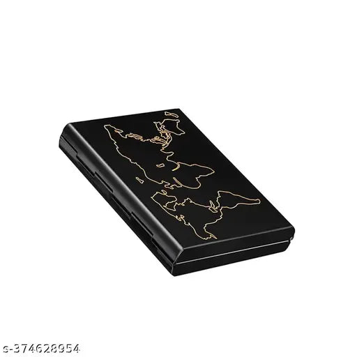 Stainless steel RFID protecting world map wallet (black), 8 slots for men & women, compact & durable