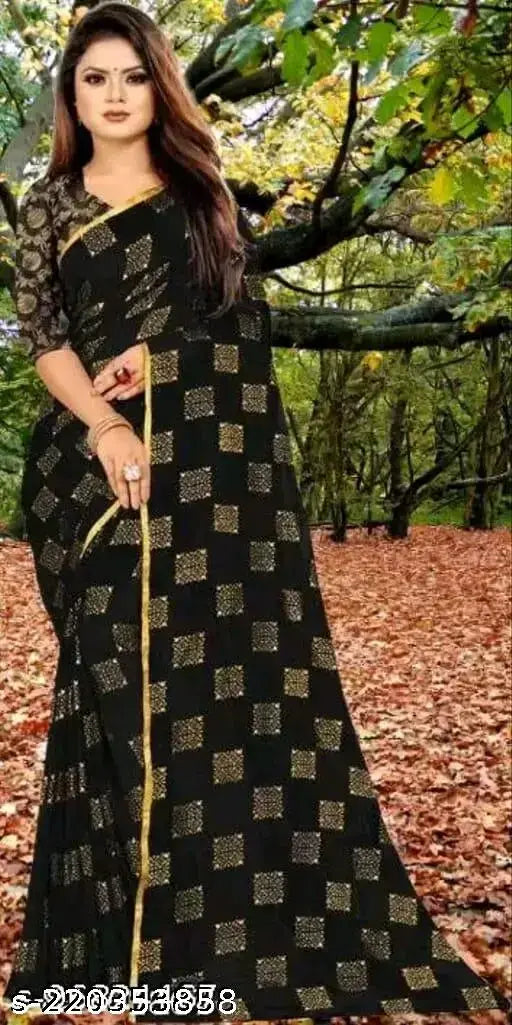 Golden foil print chiffon saree with jacquard blouse piece, Indian ethnic wear