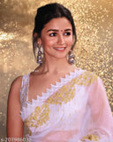 White Georgette saree with mirror work embroidery, Banarasi silk blouse, Indian craftsmanship