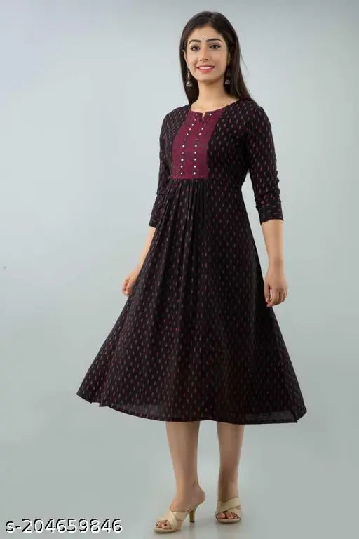 Elegant rayon printed Anarkali kurti, flared silhouette, three-quarter sleeves. Indian traditional yet trendy fashion wear for women." (123 characters)