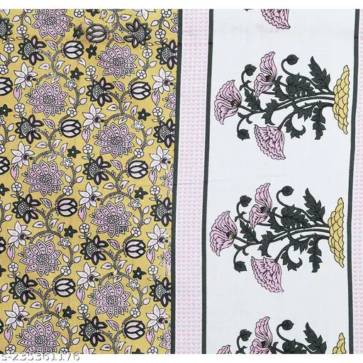 Yellow cotton bed sheet with floral print, includes zipper pillow covers.