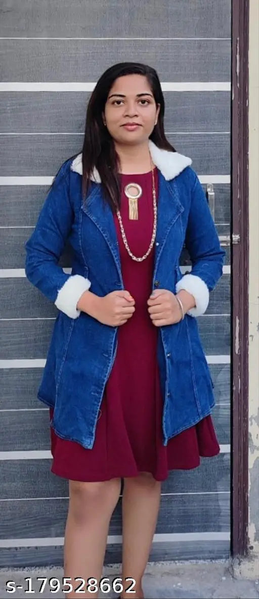 Blue denim jacket with dyed/washed pattern, long sleeves, size options: S, M, L. Made in India