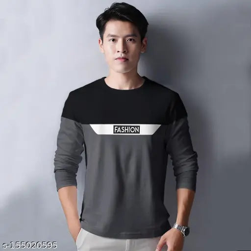 Grey cotton round-neck typography T-shirt for men, colorblocked design, long sleeves, super combed material, soft and breathable, perfect fit, India origin