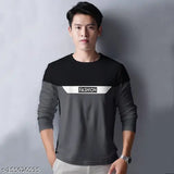 Grey cotton round-neck typography T-shirt for men, colorblocked design, long sleeves, super combed material, soft and breathable, perfect fit, India origin