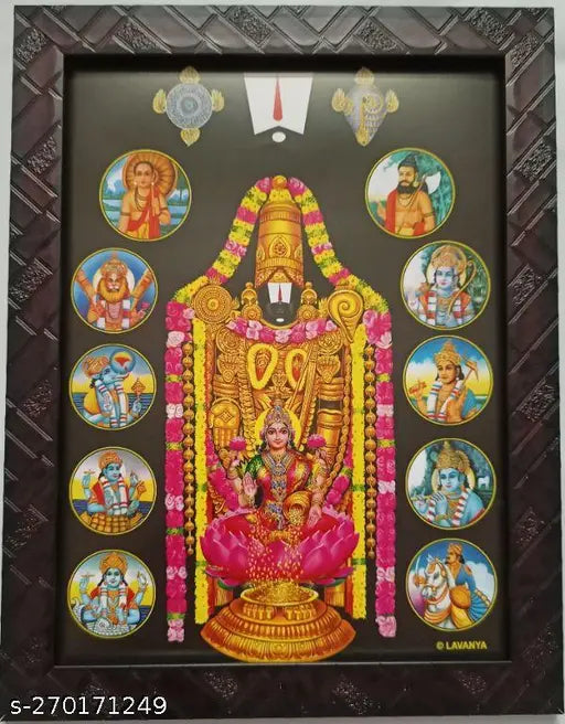 9x12 inches God Vishnu Dasavatharam synthetic resin photo frame, featuring Tirupati Balaji, Govinda Swamy, and Sri Venkateswara Perumal