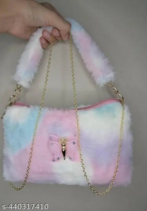 Purple and blue handbag, faux fur lining, butterfly phone case charm, chain strap