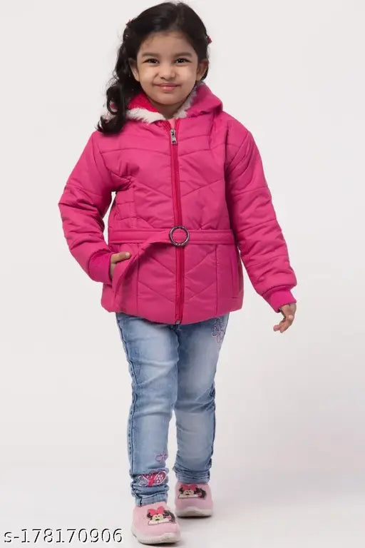 Pink padded girls coat with hood, faux fur trim